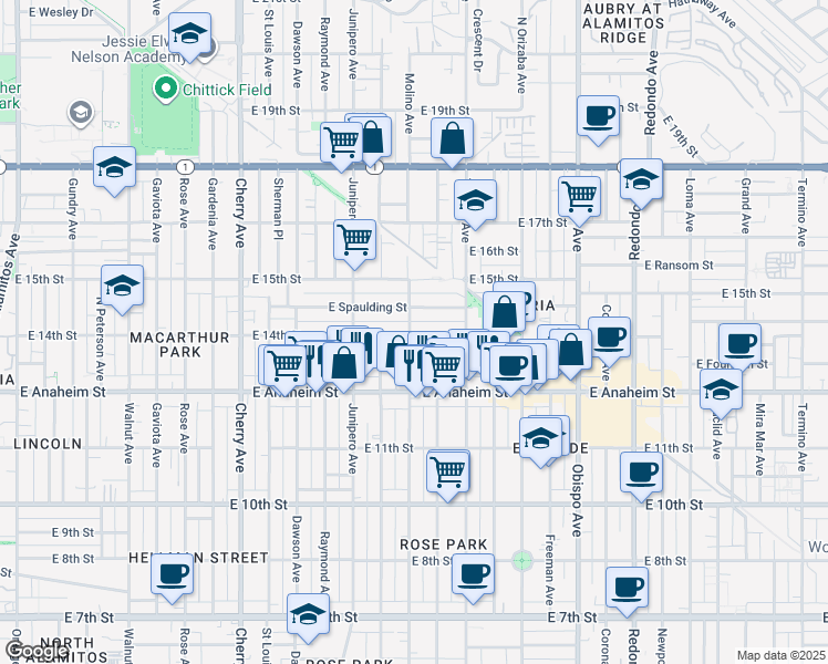 map of restaurants, bars, coffee shops, grocery stores, and more near 2605 East 14th Street in Long Beach