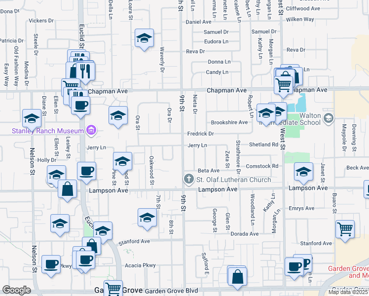 map of restaurants, bars, coffee shops, grocery stores, and more near 12272 9th Street in Garden Grove