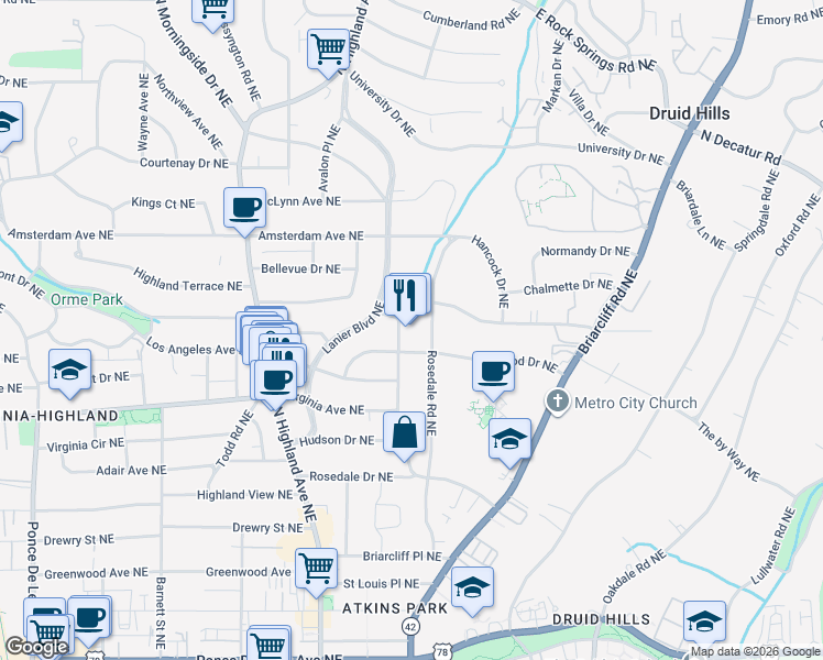 map of restaurants, bars, coffee shops, grocery stores, and more near in Atlanta