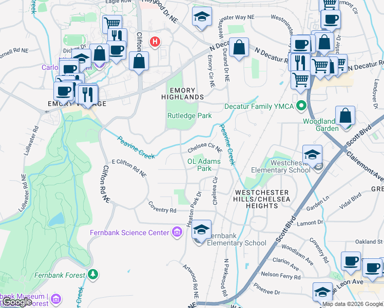 map of restaurants, bars, coffee shops, grocery stores, and more near 400 Chelsea Circle in Atlanta