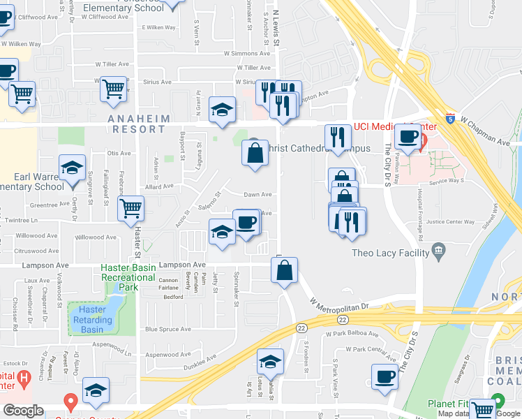 map of restaurants, bars, coffee shops, grocery stores, and more near 13421 Greentree Avenue in Garden Grove