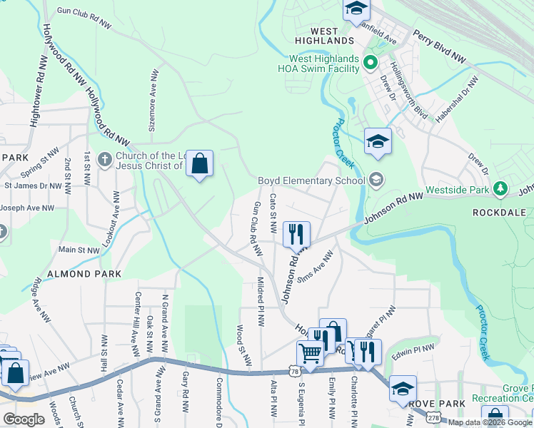 map of restaurants, bars, coffee shops, grocery stores, and more near 1060 Cato Street Northwest in Atlanta
