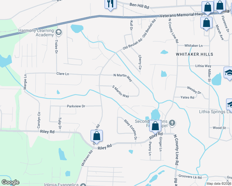 map of restaurants, bars, coffee shops, grocery stores, and more near 4178 South Martin Way in Lithia Springs