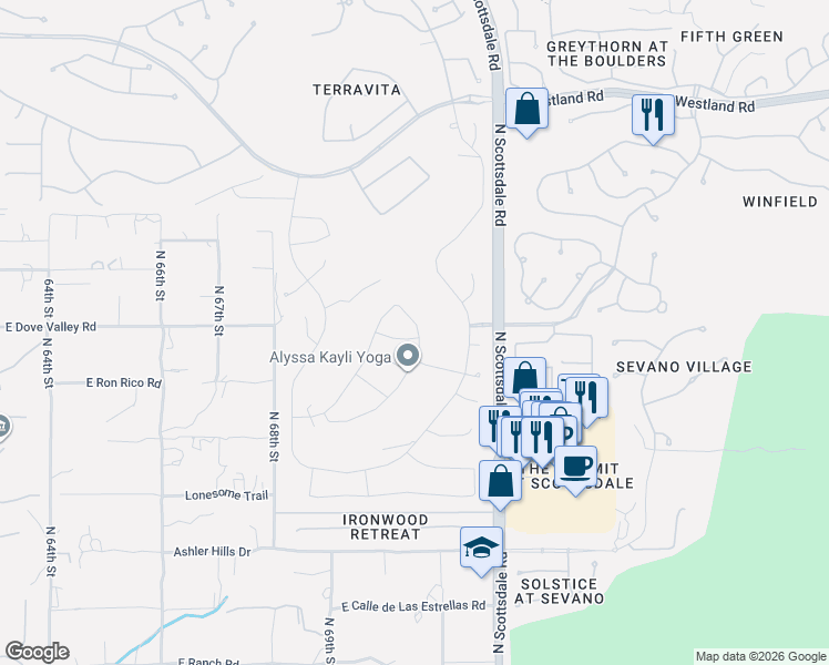 map of restaurants, bars, coffee shops, grocery stores, and more near 32915 North 70th Street in Scottsdale