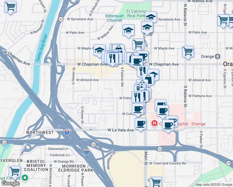 map of restaurants, bars, coffee shops, grocery stores, and more near 1721 West Palmyra Avenue in Orange