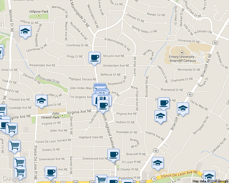map of restaurants, bars, coffee shops, grocery stores, and more near 1056 Kentucky Ave NE in Atlanta