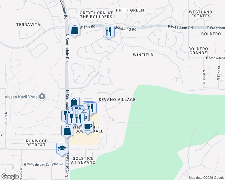 map of restaurants, bars, coffee shops, grocery stores, and more near 32874 North 74th Way in Scottsdale