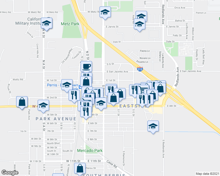 map of restaurants, bars, coffee shops, grocery stores, and more near 237 East 2nd Street in Perris