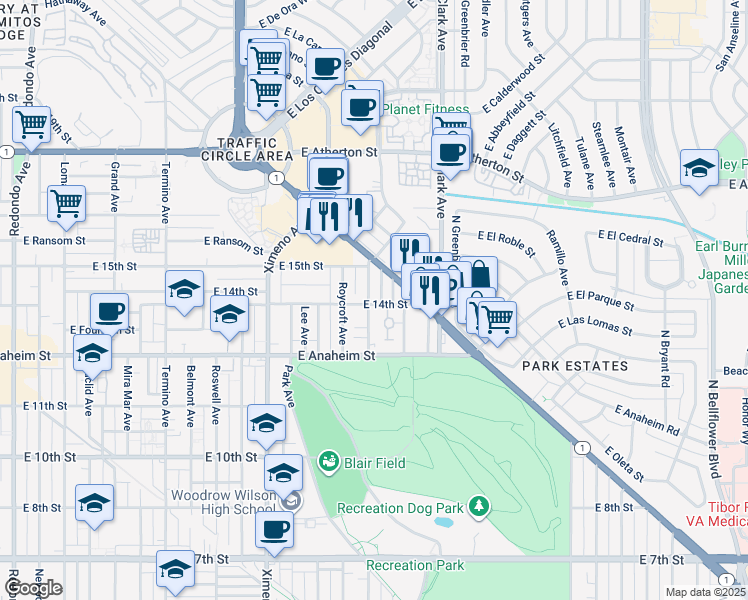 map of restaurants, bars, coffee shops, grocery stores, and more near 1400 Park Avenue in Long Beach