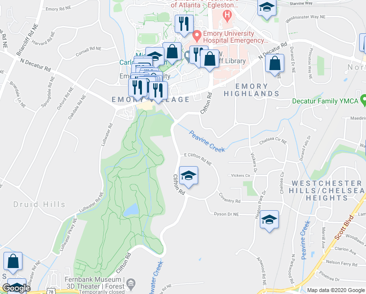 map of restaurants, bars, coffee shops, grocery stores, and more near 1093 East Clifton Road Northeast in Atlanta