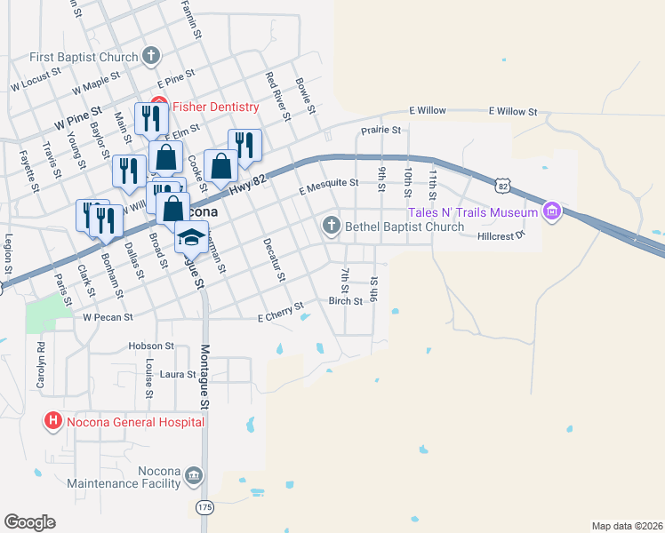 map of restaurants, bars, coffee shops, grocery stores, and more near 500 East Hickory Street in Nocona
