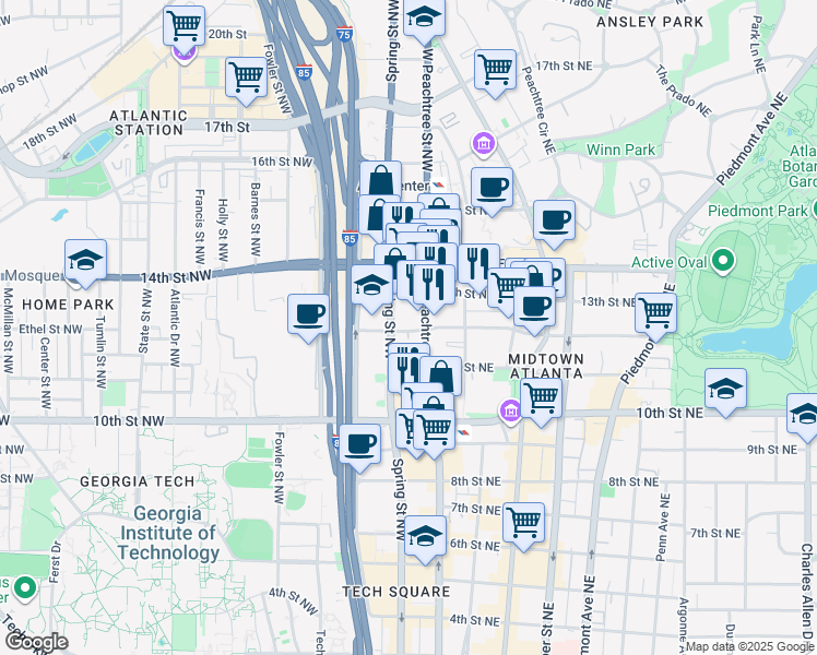 map of restaurants, bars, coffee shops, grocery stores, and more near 1080 West Peachtree Street Northwest in Atlanta