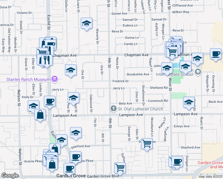 map of restaurants, bars, coffee shops, grocery stores, and more near 12272 9th Street in Garden Grove