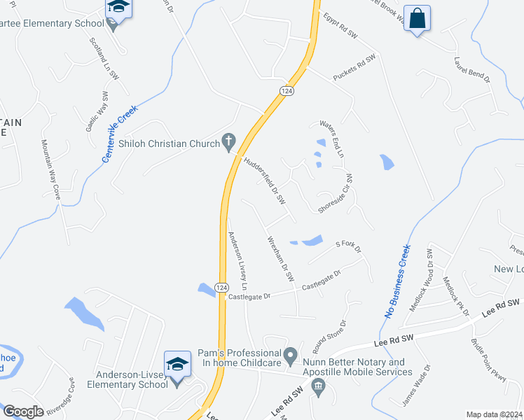 map of restaurants, bars, coffee shops, grocery stores, and more near 4032 Wrexham Drive Southwest in Snellville