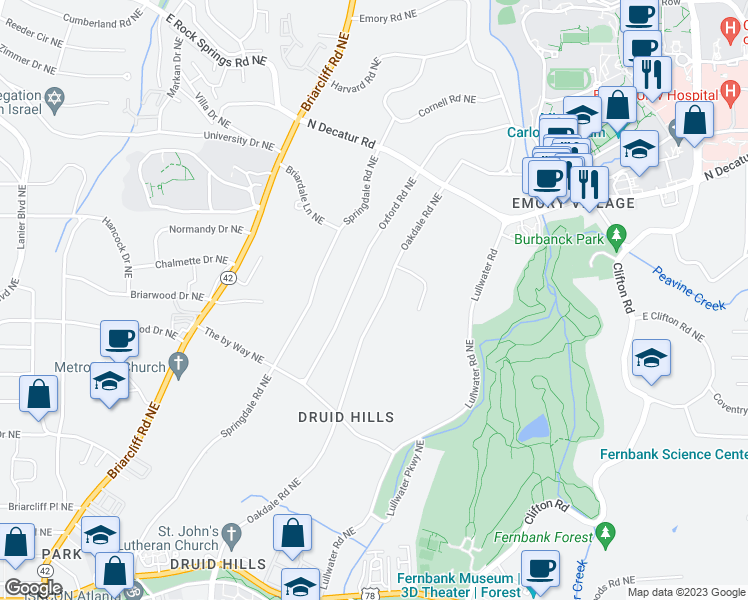 map of restaurants, bars, coffee shops, grocery stores, and more near 1090 Oakdale Road Northeast in Atlanta