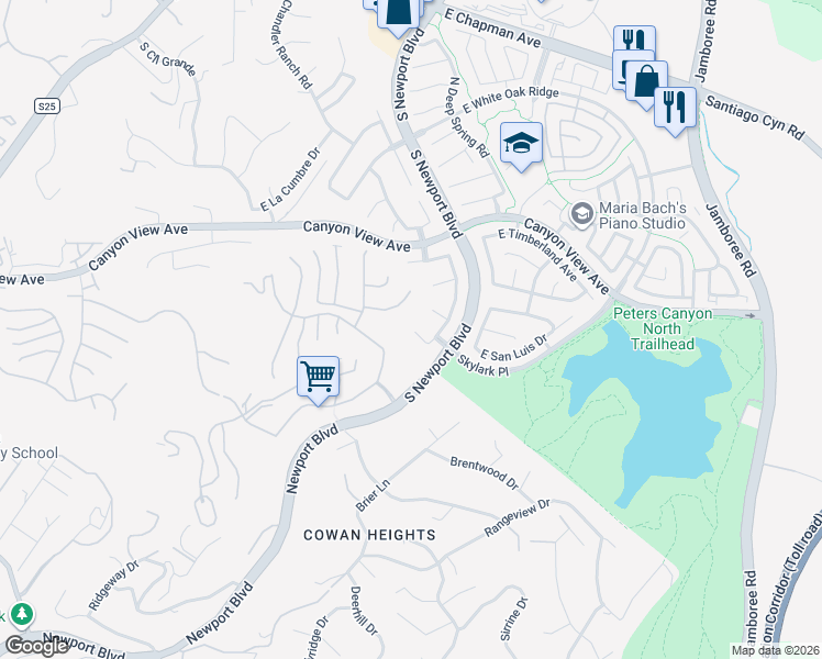 map of restaurants, bars, coffee shops, grocery stores, and more near 7602 Skylark Place in Orange