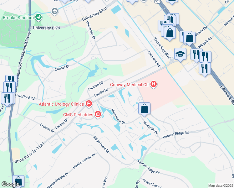 map of restaurants, bars, coffee shops, grocery stores, and more near 100 Myrtle Greens Drive in Conway