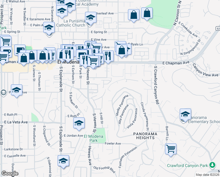 map of restaurants, bars, coffee shops, grocery stores, and more near 18936 1/2 East Smiley Drive in Orange