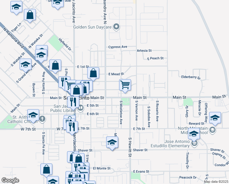 map of restaurants, bars, coffee shops, grocery stores, and more near 462 East 3rd Street in San Jacinto