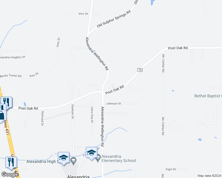 map of restaurants, bars, coffee shops, grocery stores, and more near 941 Post Oak Road in Alexandria