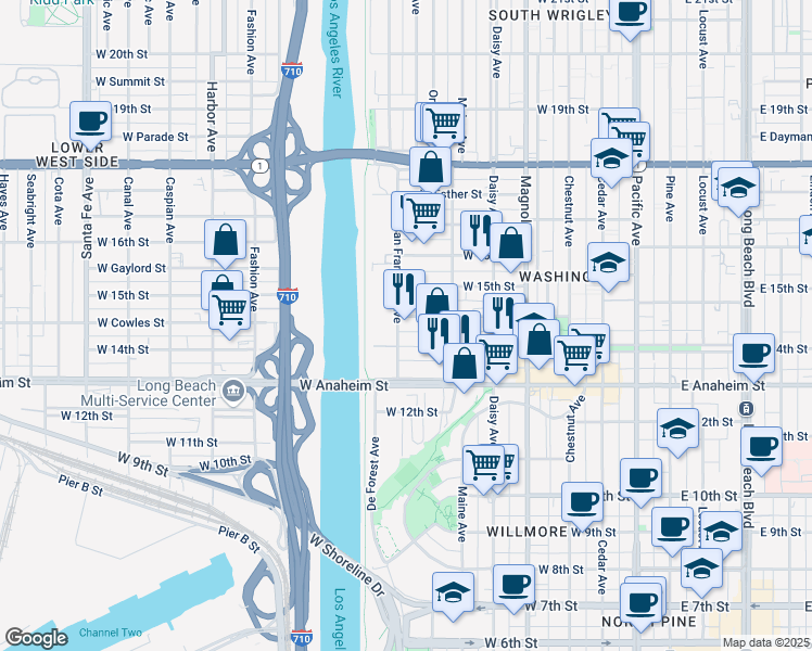 map of restaurants, bars, coffee shops, grocery stores, and more near 1444 San Francisco Avenue in Long Beach