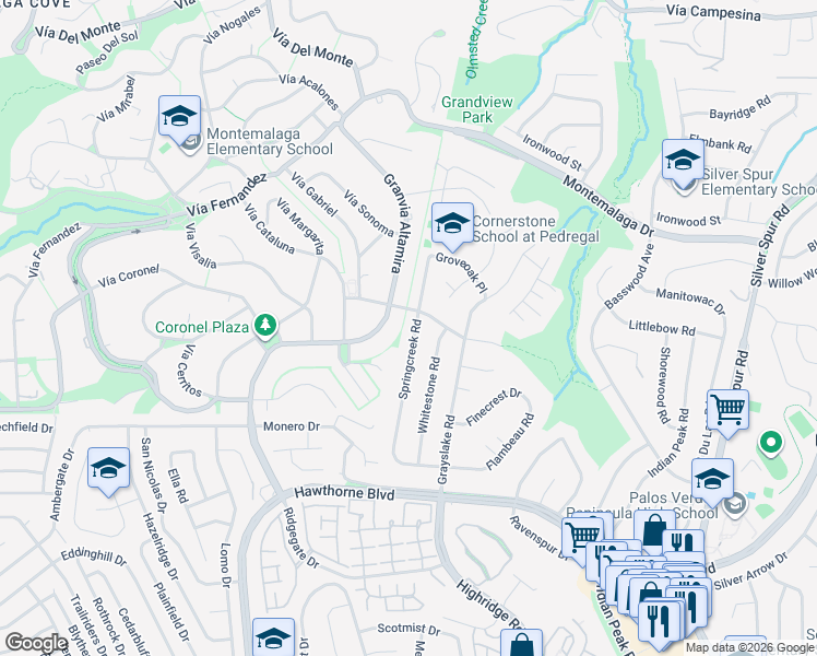 map of restaurants, bars, coffee shops, grocery stores, and more near 26919 Springcreek Road in Rancho Palos Verdes