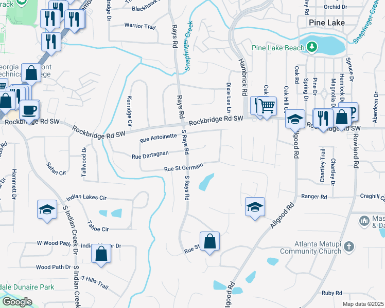 map of restaurants, bars, coffee shops, grocery stores, and more near 4203 Rue Dartagnan in Stone Mountain