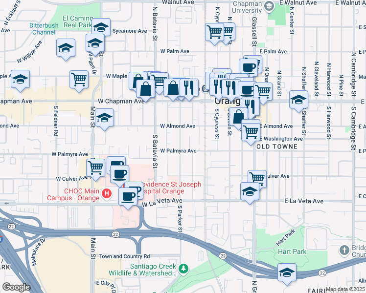 map of restaurants, bars, coffee shops, grocery stores, and more near 281 South Parker Street in Orange