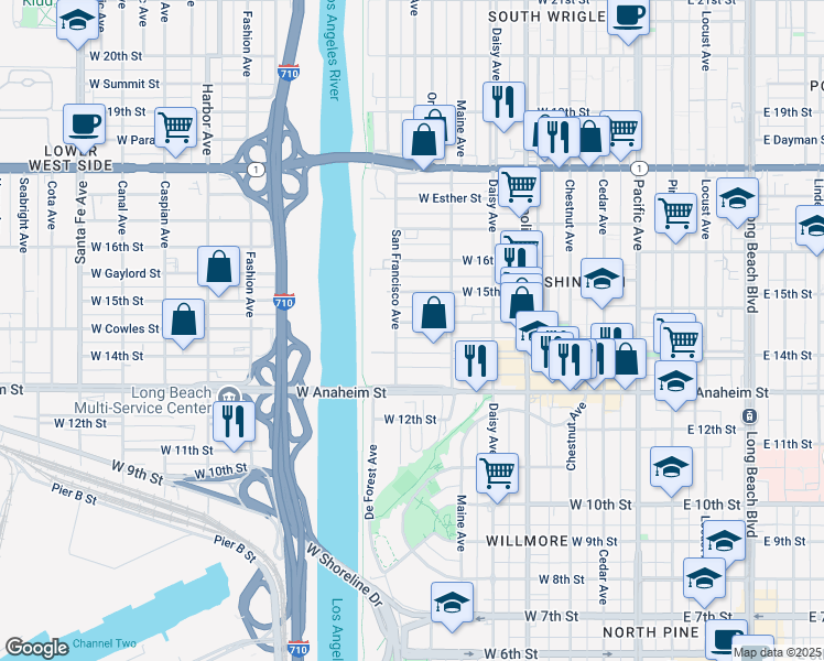 map of restaurants, bars, coffee shops, grocery stores, and more near 1444 San Francisco Avenue in Long Beach
