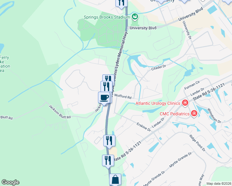 map of restaurants, bars, coffee shops, grocery stores, and more near 103 Wofford Road in Conway