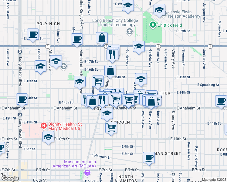 map of restaurants, bars, coffee shops, grocery stores, and more near 1400 Orange Avenue in Long Beach