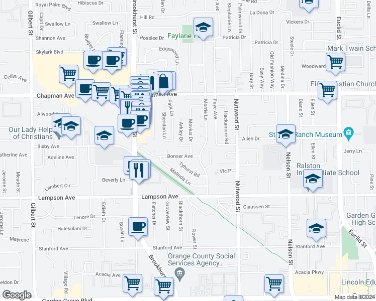 map of restaurants, bars, coffee shops, grocery stores, and more near 12261 Movius Drive in Garden Grove