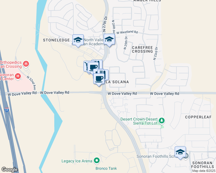 map of restaurants, bars, coffee shops, grocery stores, and more near 33040 North 26th Lane in Phoenix