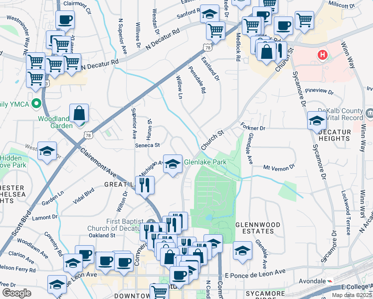 map of restaurants, bars, coffee shops, grocery stores, and more near 203 Lucerne Street in Decatur