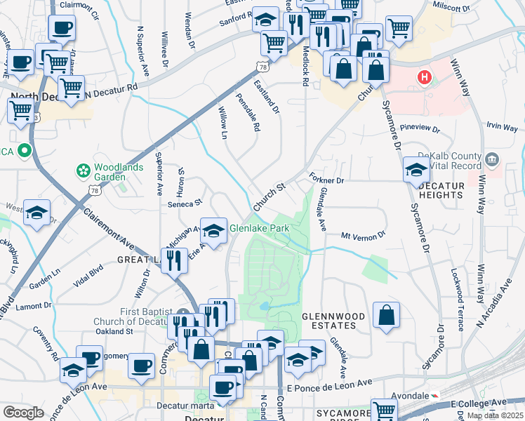 map of restaurants, bars, coffee shops, grocery stores, and more near 1181 Church Street in Decatur