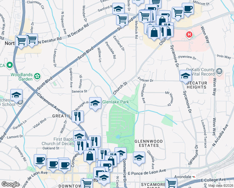 map of restaurants, bars, coffee shops, grocery stores, and more near 1179 Church Street in Decatur