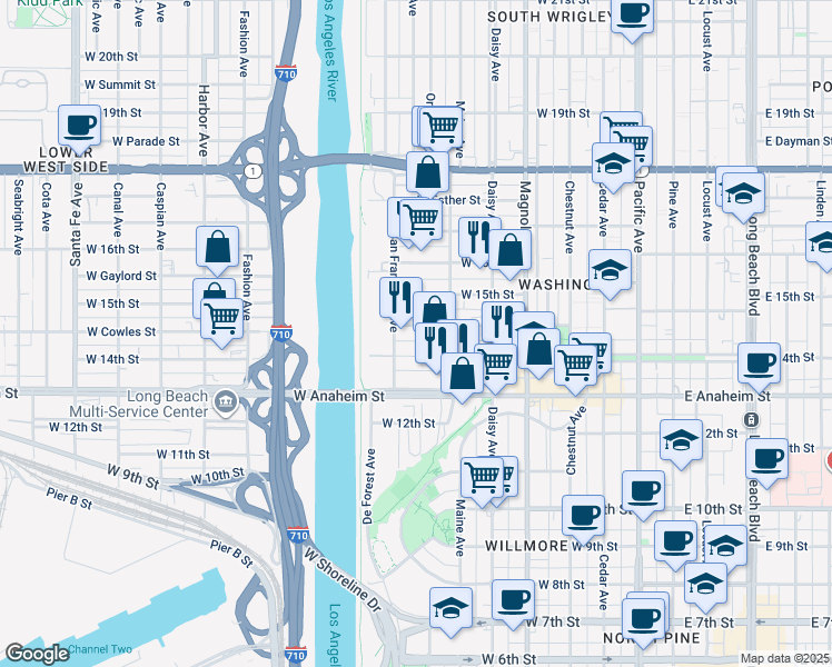 map of restaurants, bars, coffee shops, grocery stores, and more near 1444 San Francisco Avenue in Long Beach