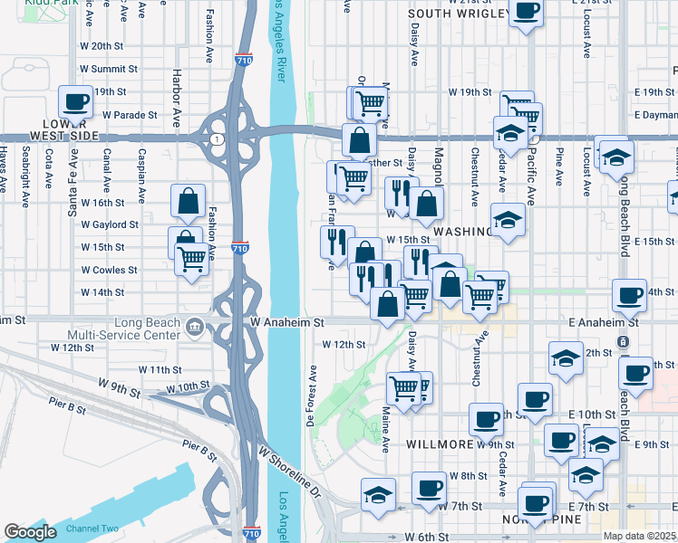 map of restaurants, bars, coffee shops, grocery stores, and more near 1444 San Francisco Avenue in Long Beach