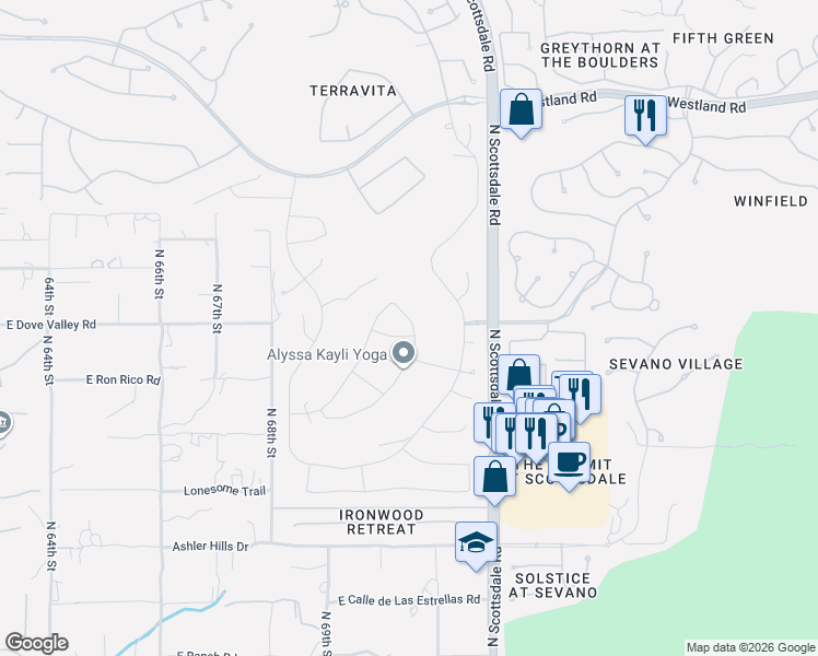 map of restaurants, bars, coffee shops, grocery stores, and more near 32915 North 70th Street in Scottsdale