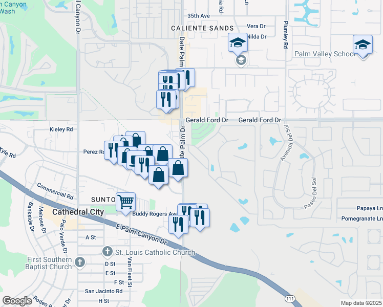 map of restaurants, bars, coffee shops, grocery stores, and more near 155 Estrada Way in Cathedral City