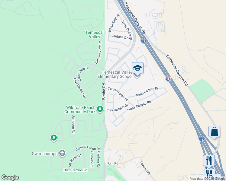 map of restaurants, bars, coffee shops, grocery stores, and more near 23183 Canyon Pines Place in Corona