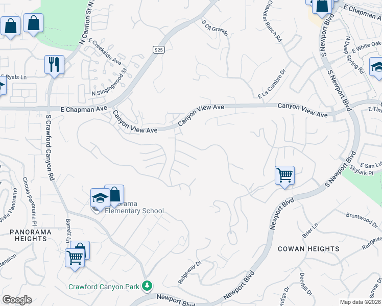 map of restaurants, bars, coffee shops, grocery stores, and more near 6434 East Saint Germain Circle in Orange