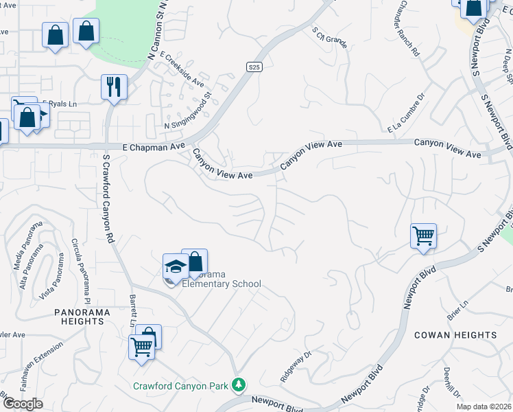map of restaurants, bars, coffee shops, grocery stores, and more near 6311 East Rocking Horse Way in Orange