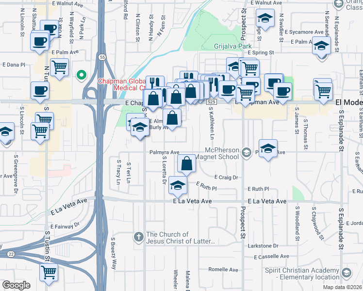 map of restaurants, bars, coffee shops, grocery stores, and more near 2814 East Washington Avenue in Orange