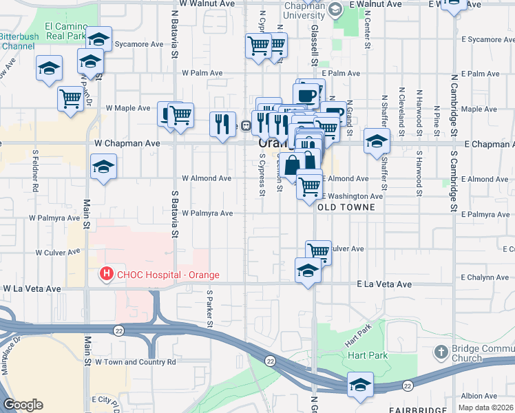 map of restaurants, bars, coffee shops, grocery stores, and more near 282 South Cypress Street in Orange