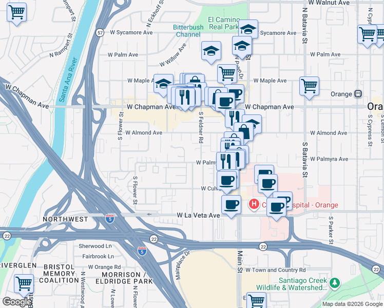 map of restaurants, bars, coffee shops, grocery stores, and more near 273 South La Linda Drive in Orange