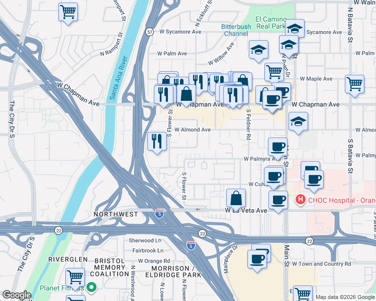 map of restaurants, bars, coffee shops, grocery stores, and more near 2138 West Larkspur Drive in Orange