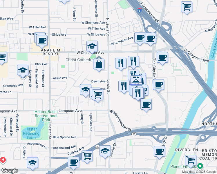map of restaurants, bars, coffee shops, grocery stores, and more near 600 City Parkway West in Orange