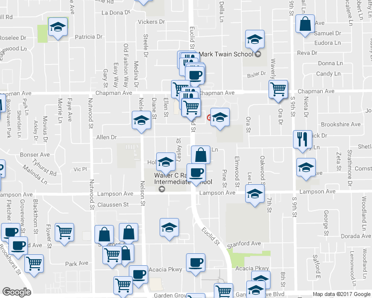 map of restaurants, bars, coffee shops, grocery stores, and more near 12262 Lesley Street in Garden Grove