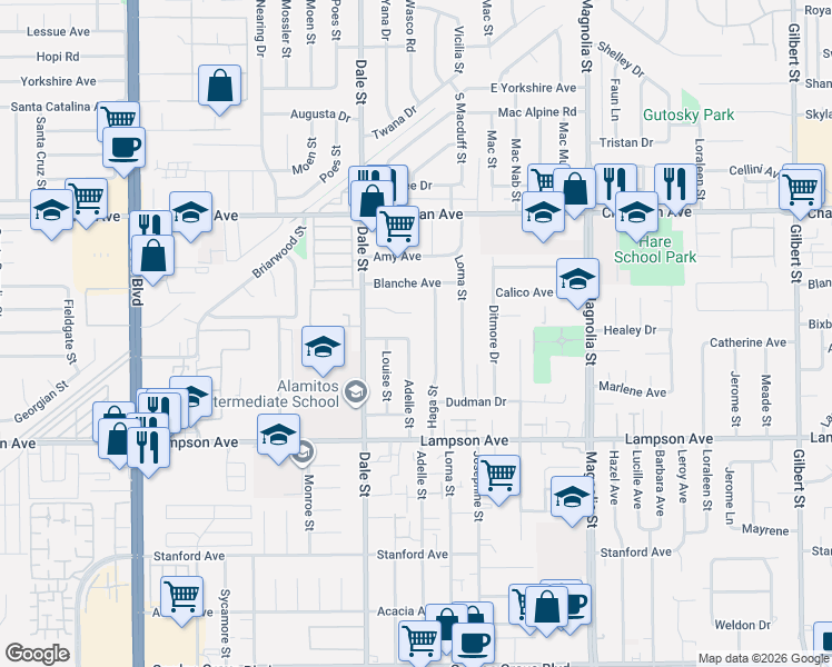 map of restaurants, bars, coffee shops, grocery stores, and more near 8581 Enault Lane in Garden Grove